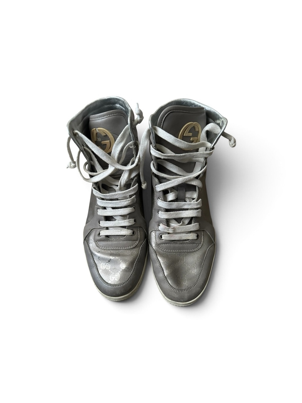 Gucci Metallic Gray High-Top Sneakers with Gold Logo